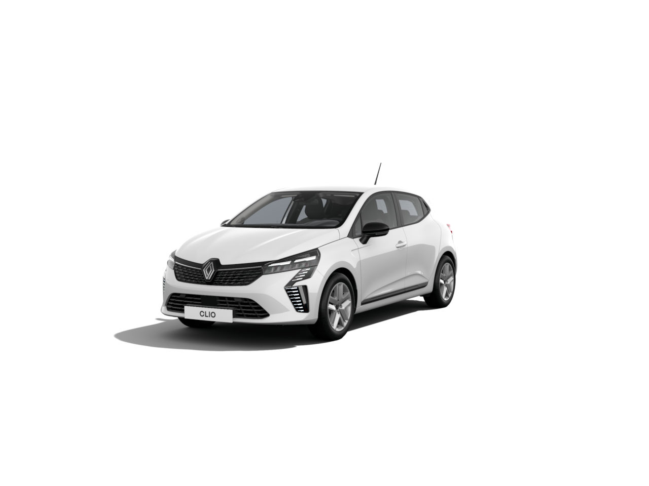 Ein neuer Renault Clio in Weiß, frontal abgebildet auf hellem Hintergrund.