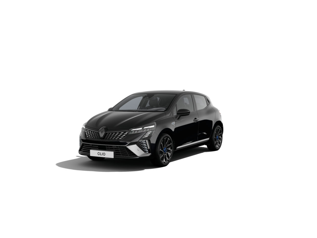 Schwarzer Renault Clio, modernes Design, kompakter Stadtwagen, angezeigt auf weißem Hintergrund.