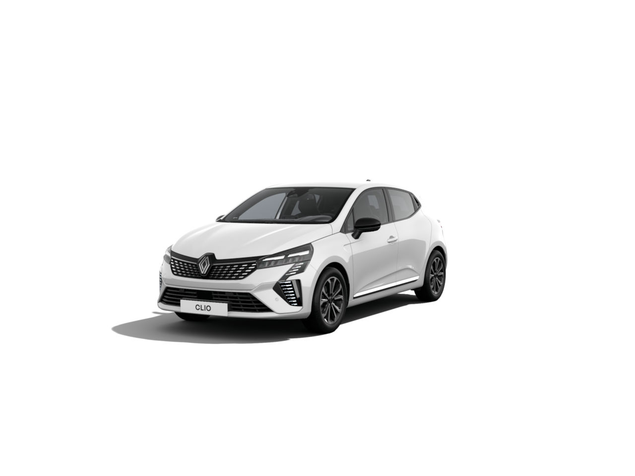 Weißer Renault Clio, sportlich-designt mit aerodynamischen Linien, stehend auf hellem Hintergrund.