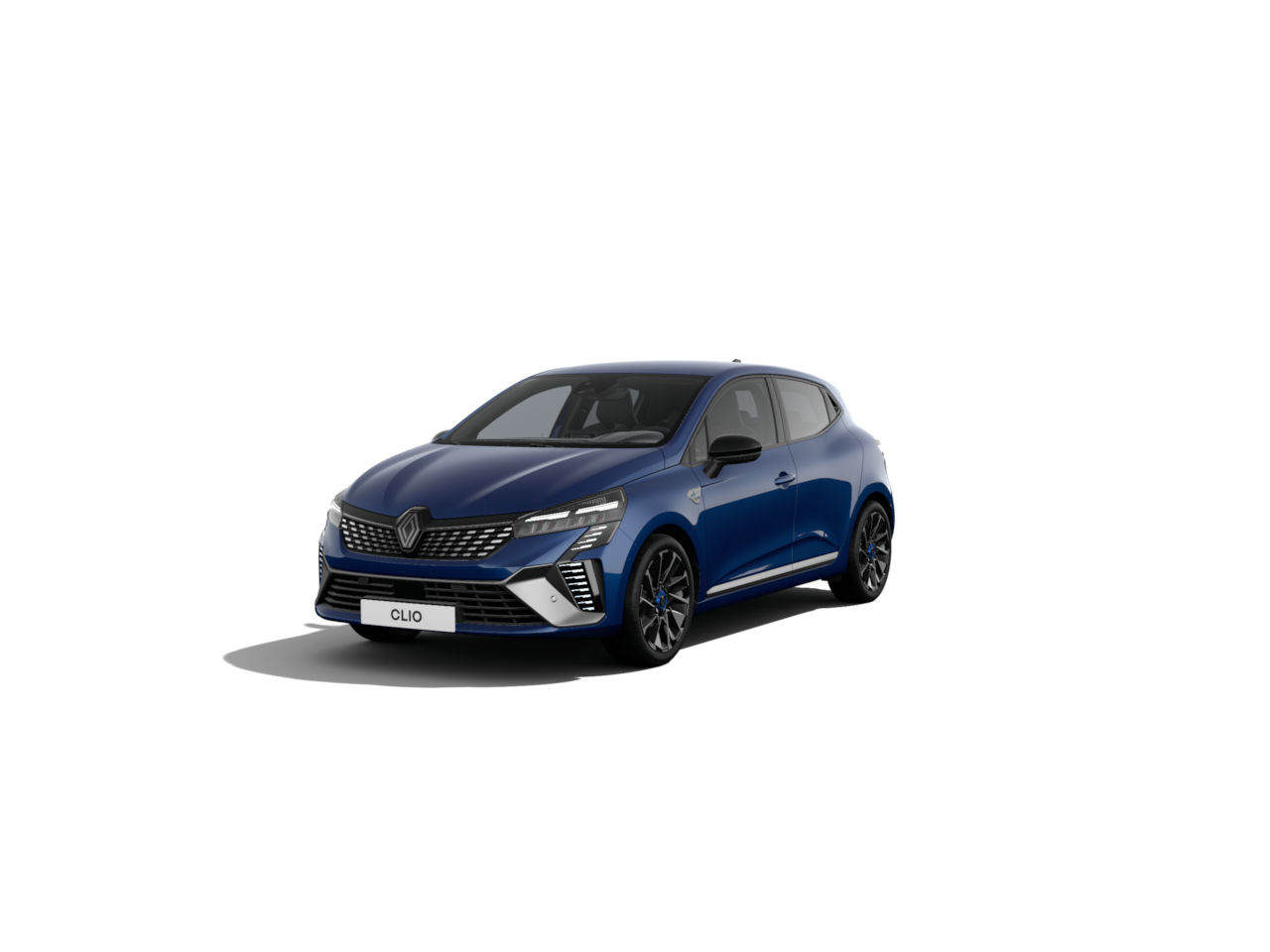 Renault Clio in Blau, modernes Design, Kompaktwagen, seitliche Sicht, auf weißem Hintergrund.