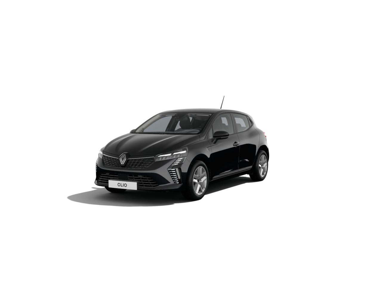 Schwarzer Renault Clio, kompakter fünftüriger Kleinwagen, frontal sichtbar auf hellem Hintergrund.