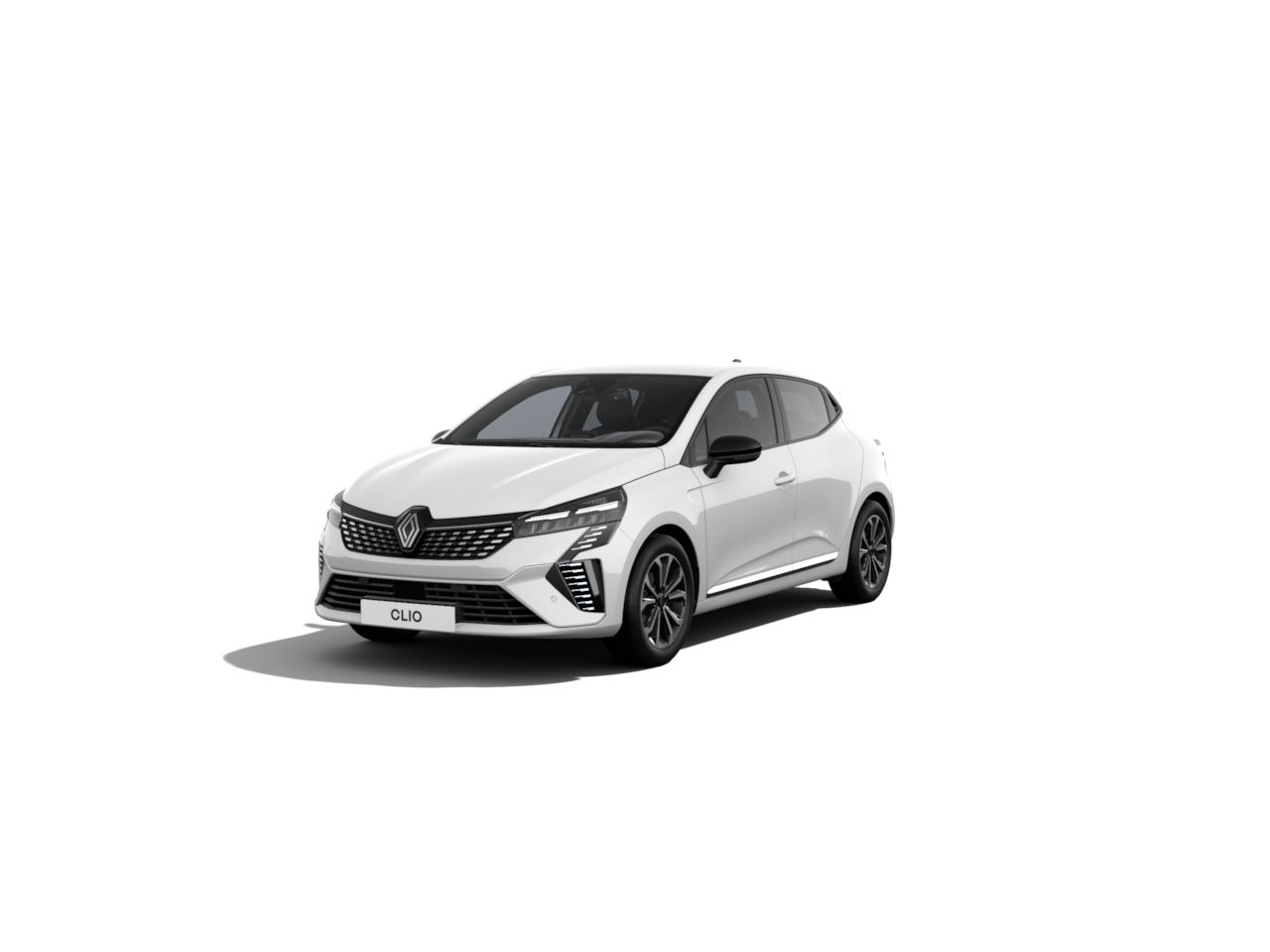 Weißer Renault Clio, modernes Design, sportliche Linien, präsentiert auf hellem Hintergrund.