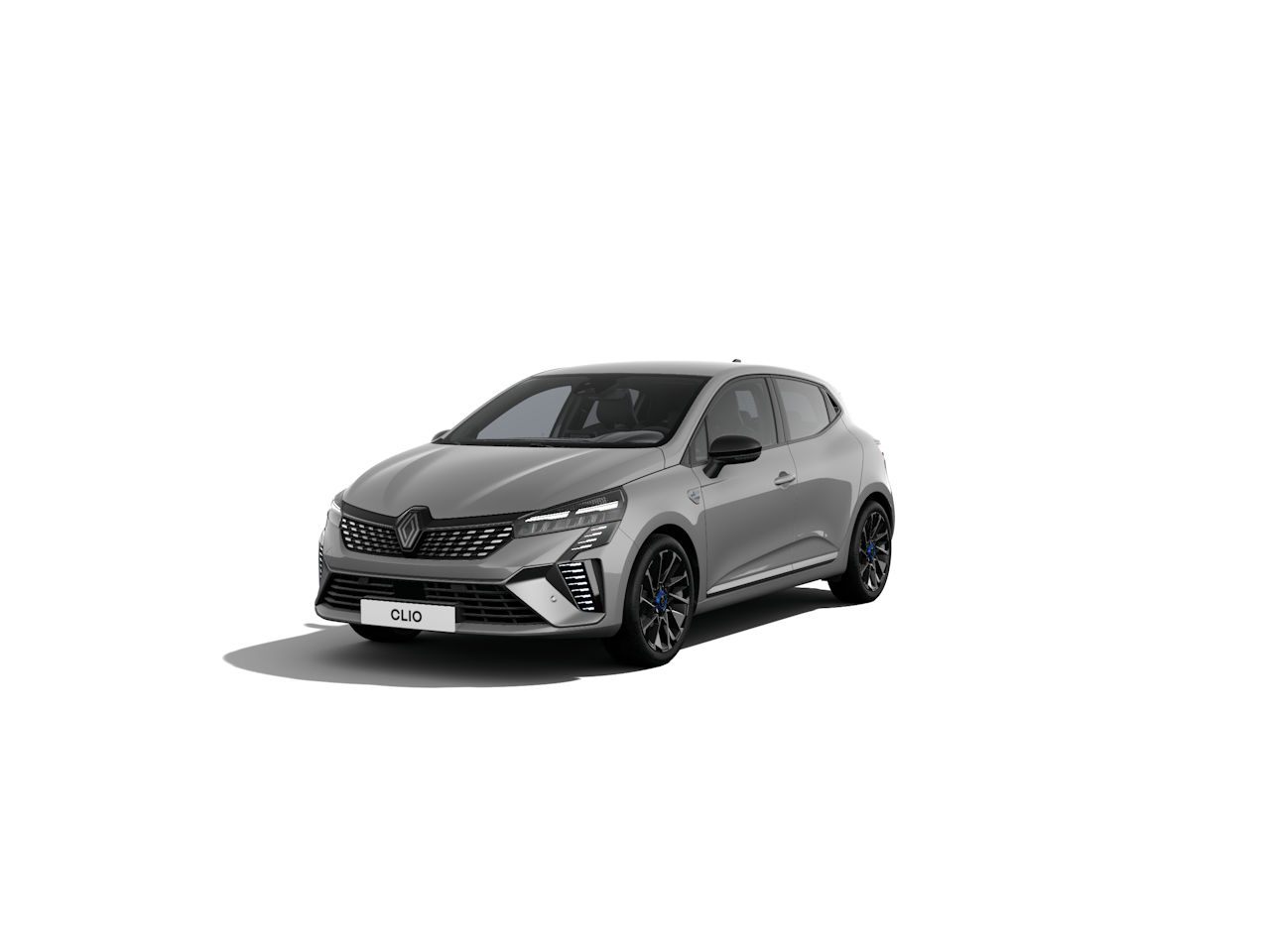 Renault Clio in Grau, sportliches Design mit modernen Linien, frontal betrachtet auf weißem Hintergrund.