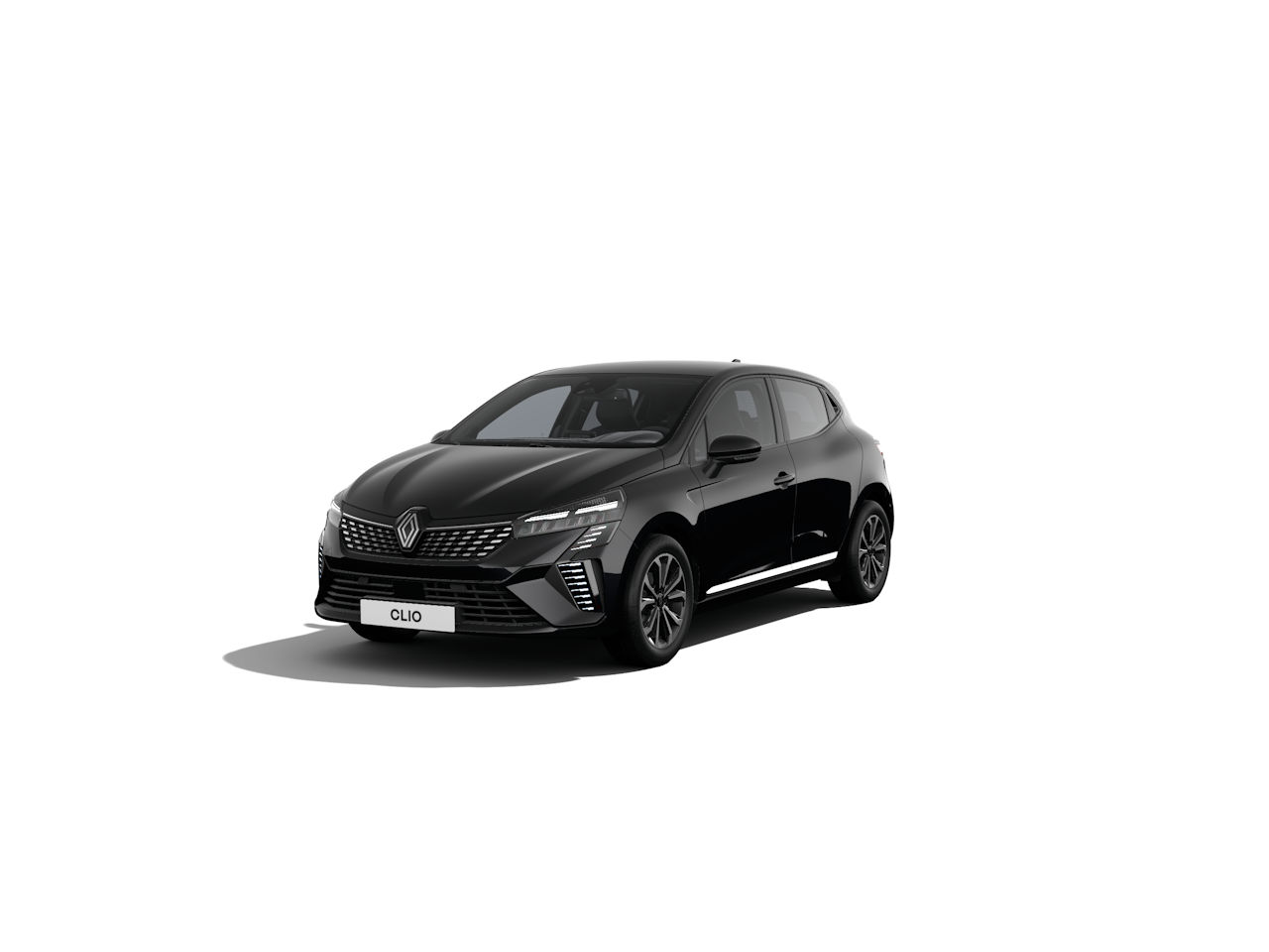 Schwarzer Renault Clio, kompakter Stadtwagen, mit moderner frontalen Beleuchtung und sportlichem Design.