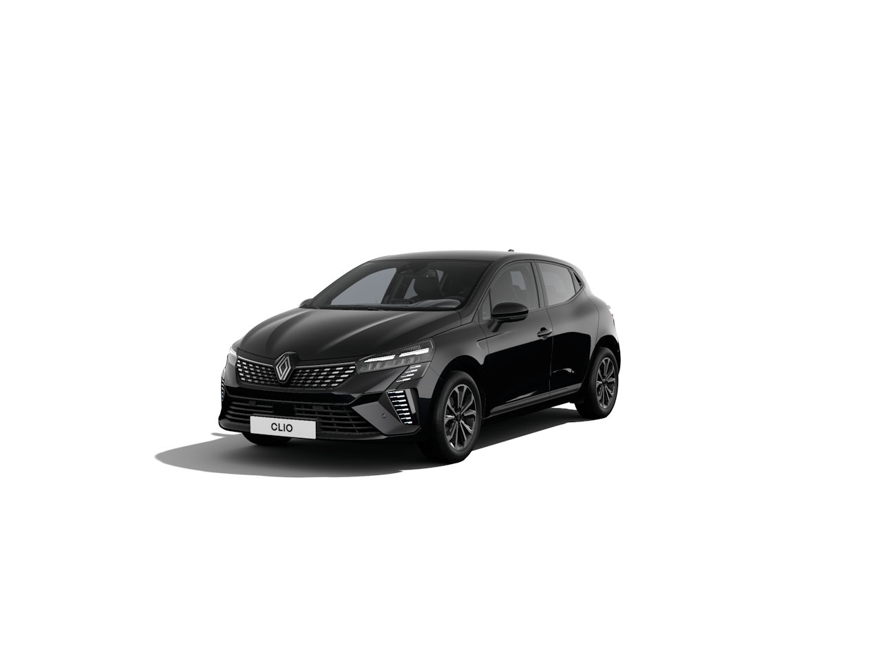 Schwarzer Renault Clio auf weißem Hintergrund, moderne Form mit sportlichen Designelementen.