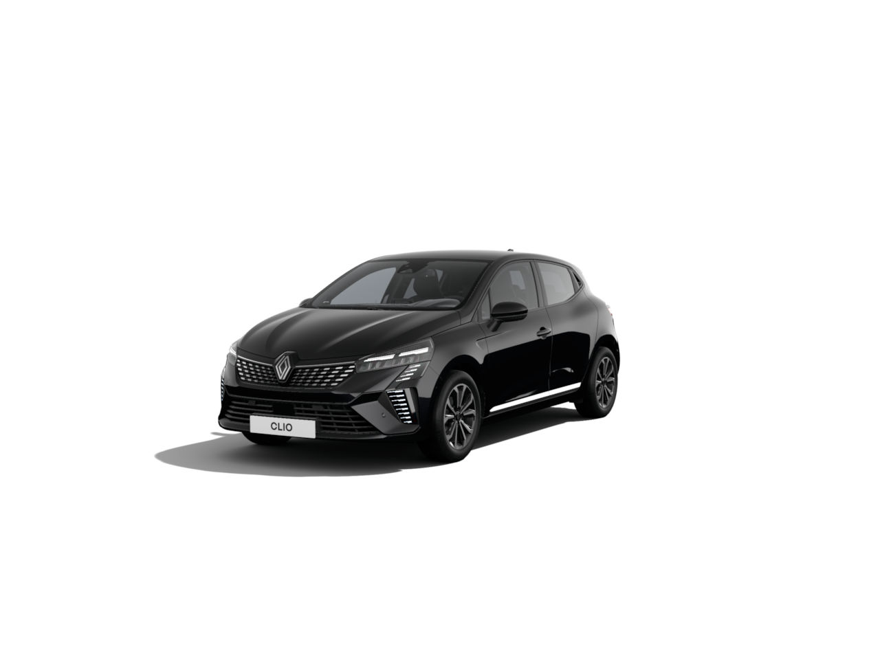 Schwarzer Renault Clio auf weißem Hintergrund, Seitenansicht mit markantem Design und modernen Details.