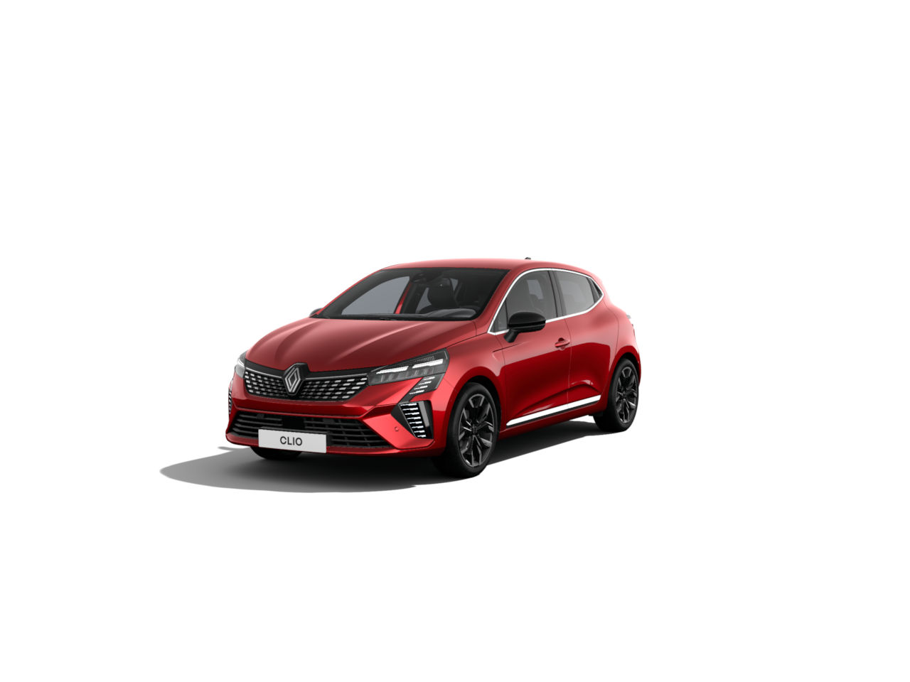 Renault Clio in leuchtendem Rot, moderne Linien, sportliches Design, präsentiert auf weißem Hintergrund.