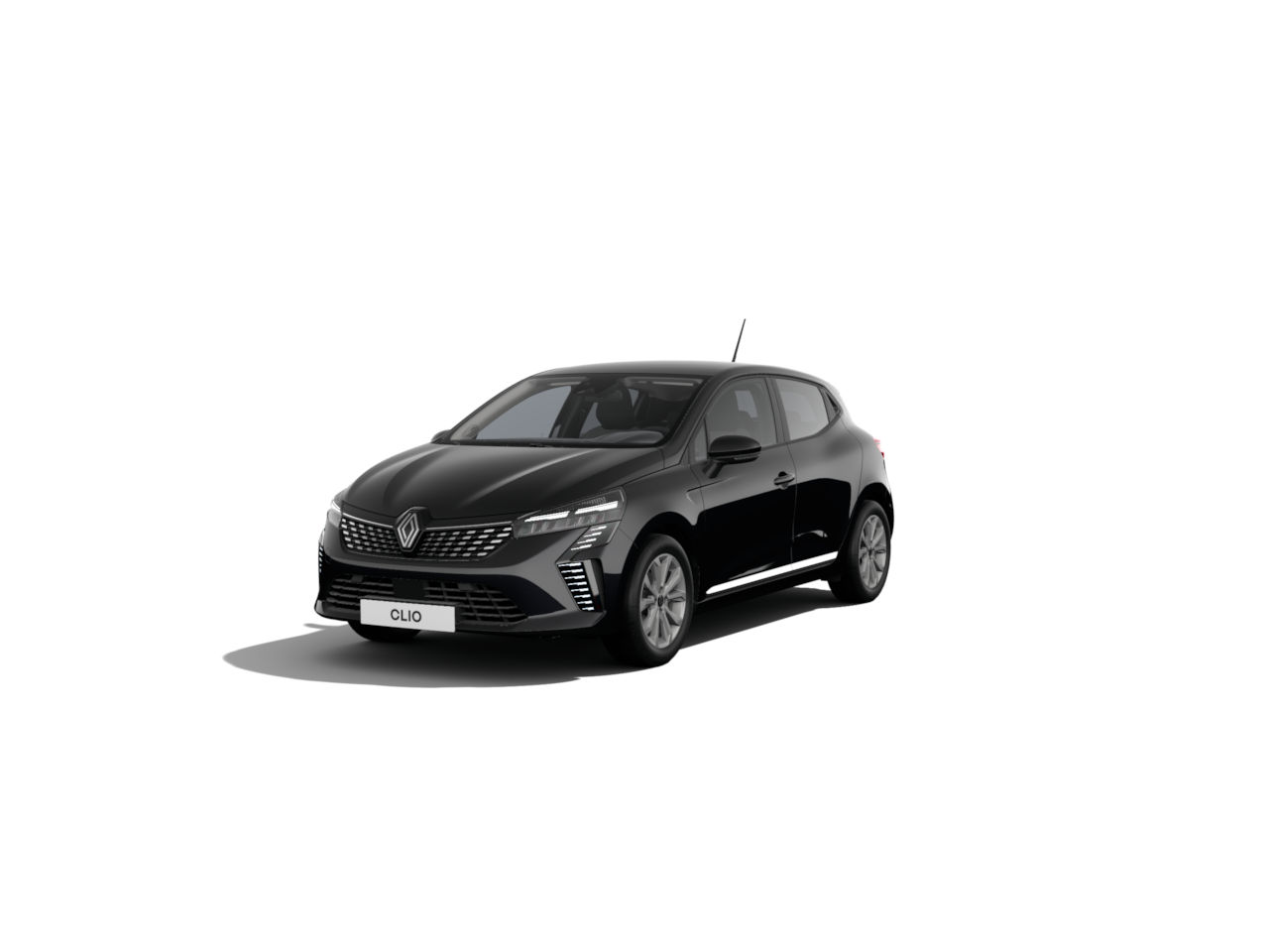 Schwarzer Renault Clio, sportlich gestaltet, von vorne aufgenommen auf weißem Hintergrund.