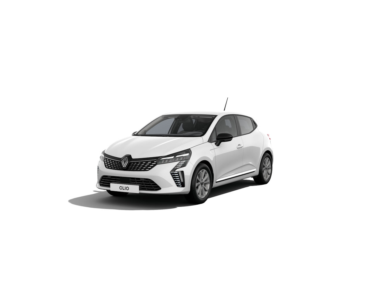 Weißer Renault Clio in frontansicht auf weißem Hintergrund, modern und elegant gestaltet.
