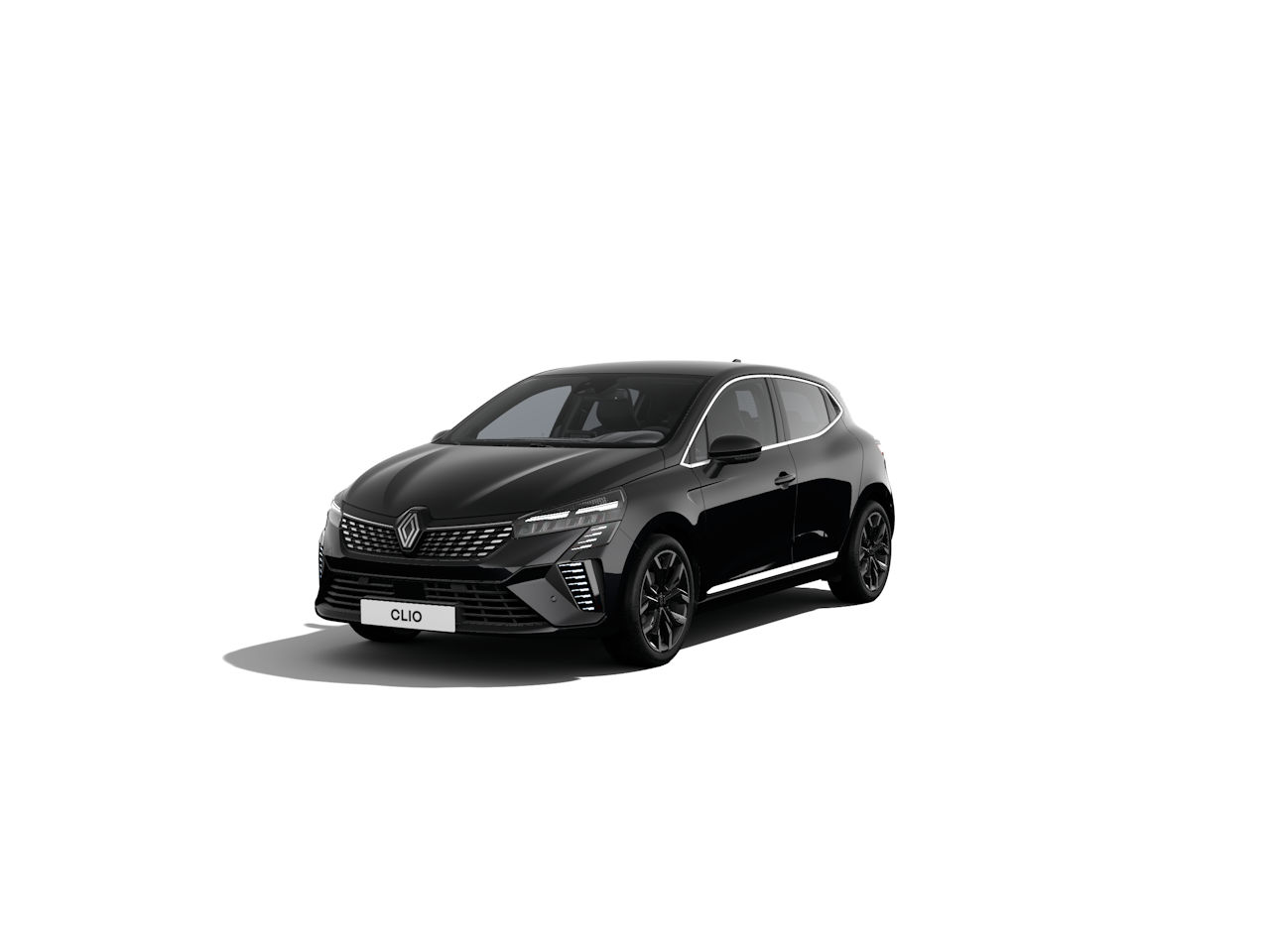 Schwarzer Renault Clio, modern und sportlich, vor weißem Hintergrund präsentiert.