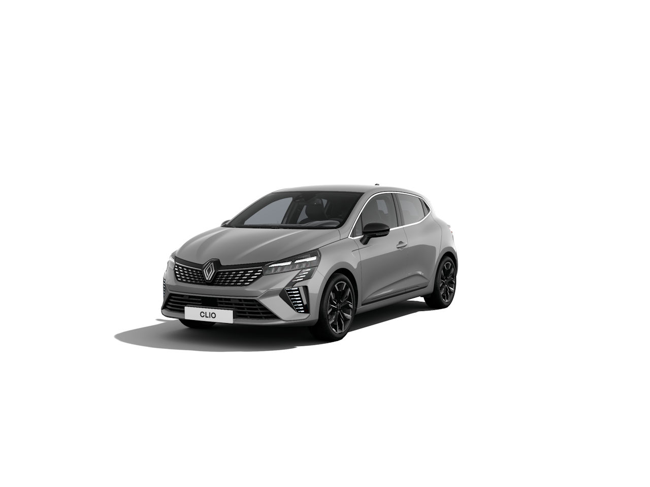 Renault Clio in Grau, modernes Design, sportliche Ausstattung, auf hellem Hintergrund.