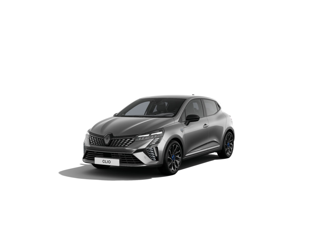 Renault Clio, modernes schwarzes Kompaktfahrzeug, seitliche Ansicht auf weißem Hintergrund.