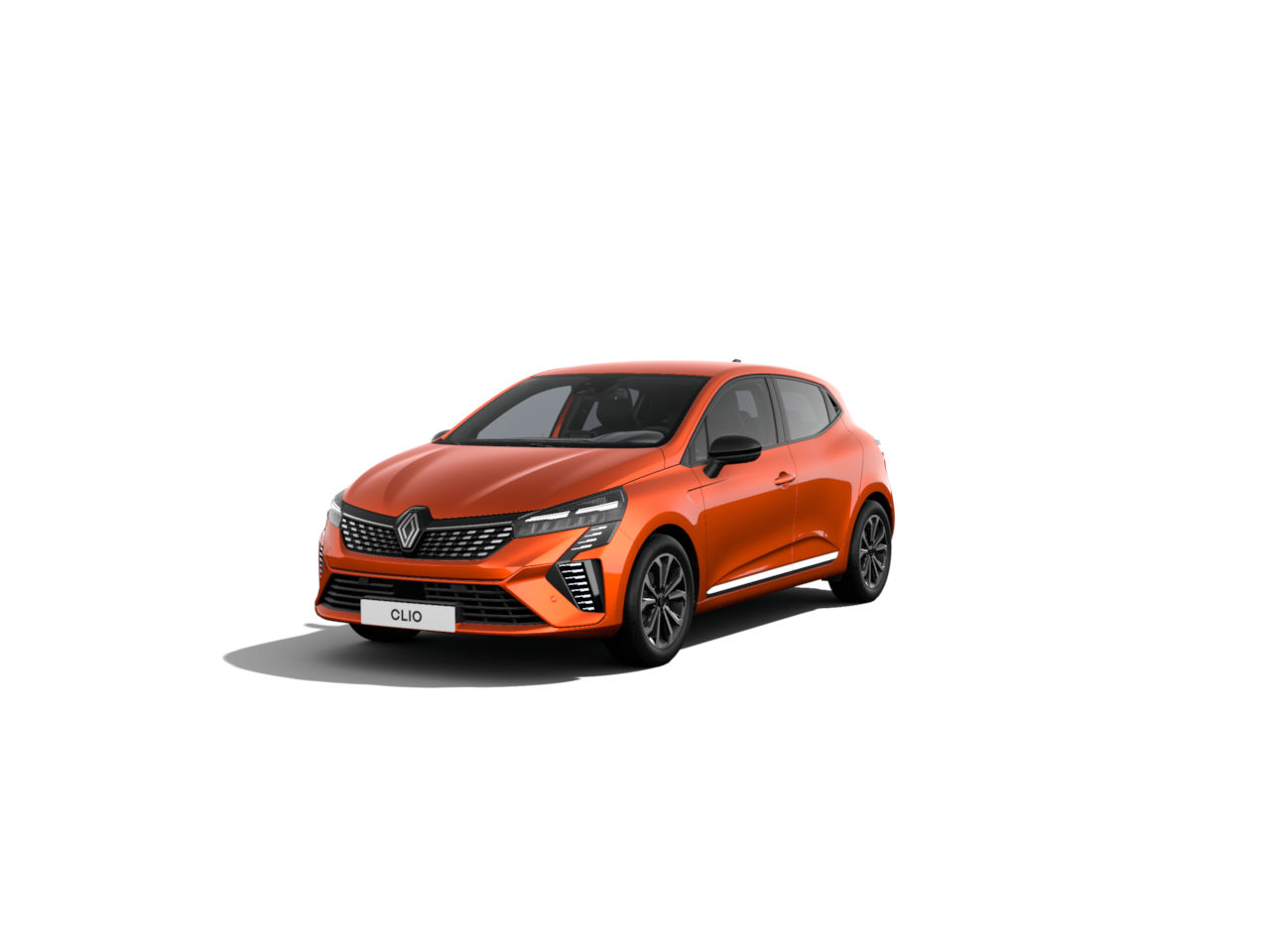 Renault Clio in leuchtendem Orange, Frontansicht, moderne Linien und elegantes Design.