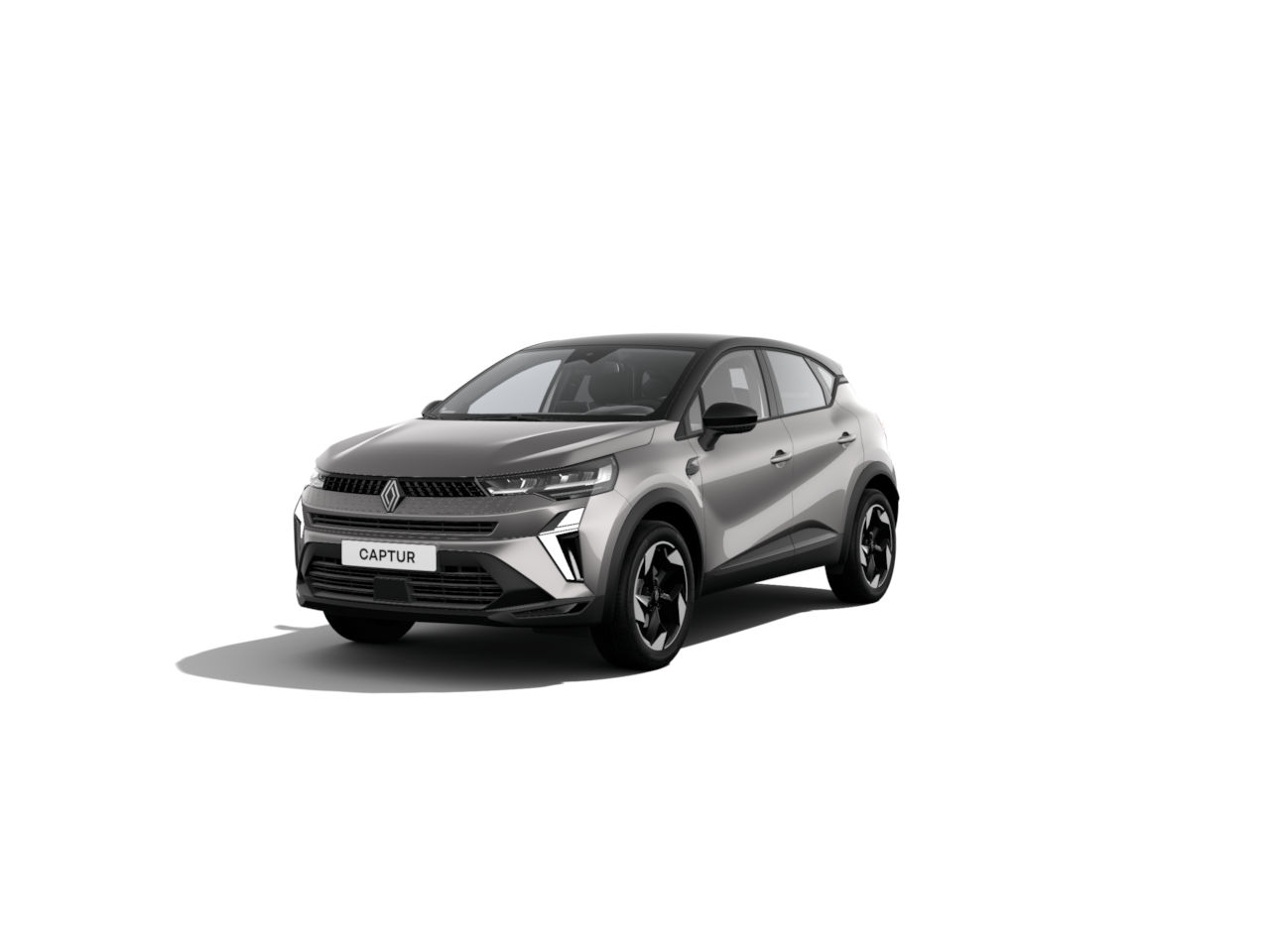 Ein grauer Renault Captur, ein moderner Kompakt-SUV, steht allein auf weißem Hintergrund.