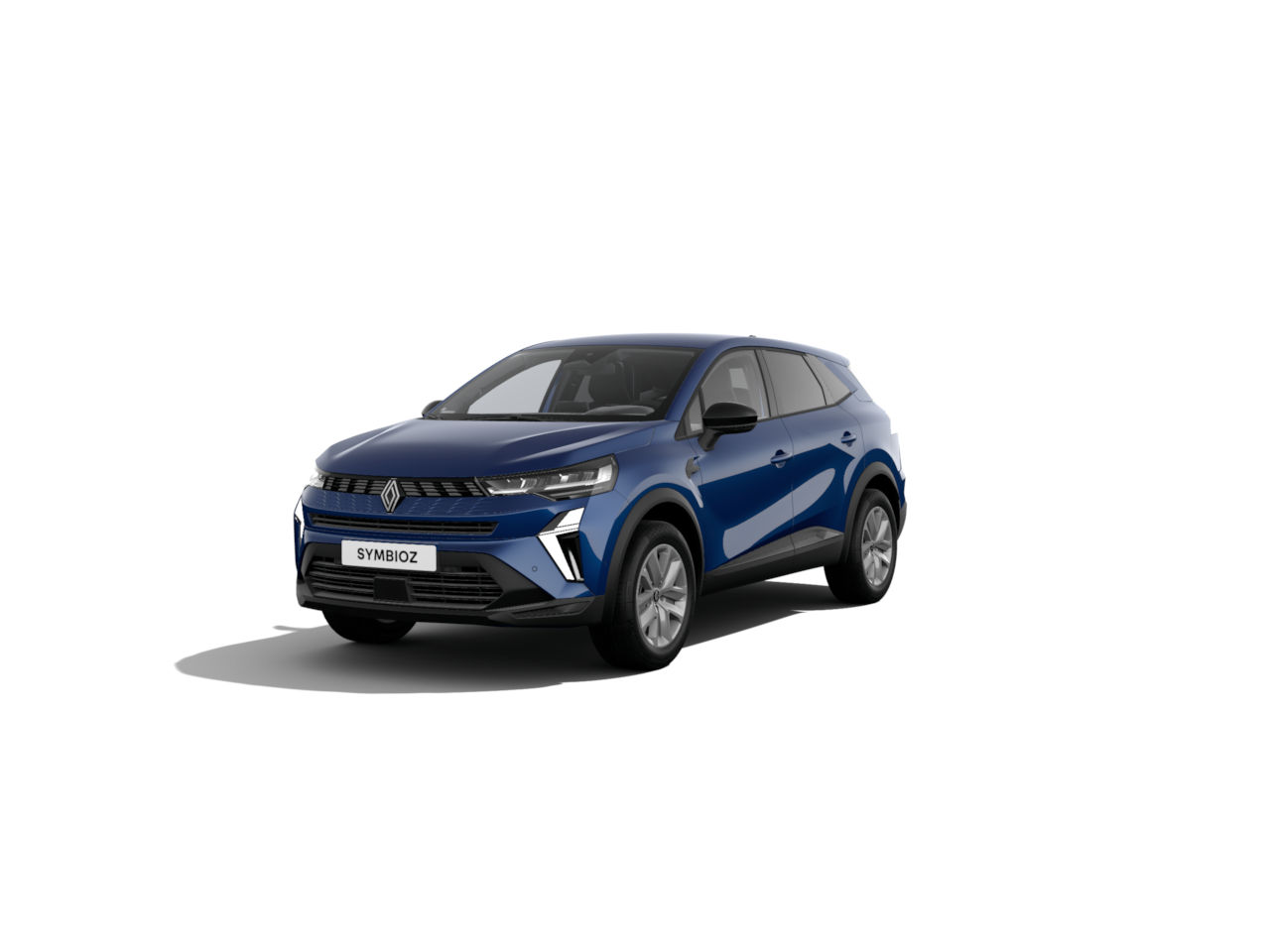 Blauer Renault Symbioz SUV, moderne Designsprache und markante Front, auf weißem Hintergrund.