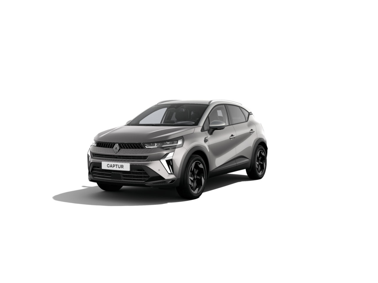 Renault Captur in Silber, moderner SUV mit sportlichem Design, auf hellem Hintergrund.