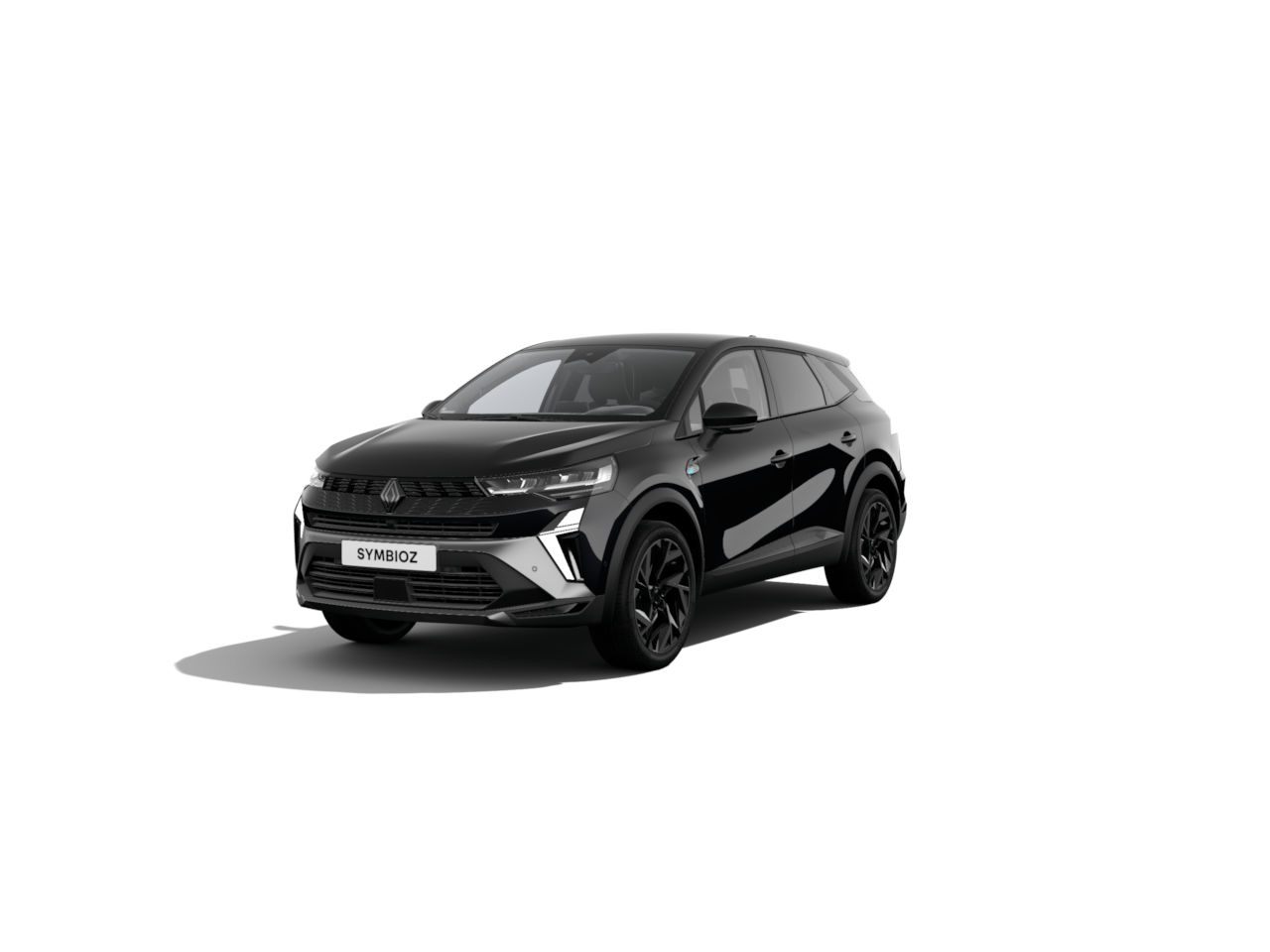 Schwarzer SUV namens SYMBIOZ auf weißem Hintergrund, moderner Designstil mit auffälligen Akzenten.