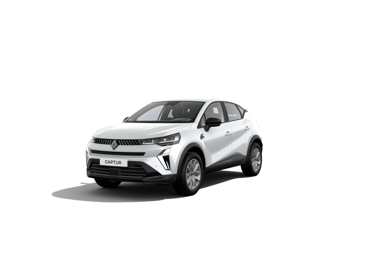 Weißer Renault Captur SUV, frontal sichtbar, moderne Linien und Design, auf hellem Hintergrund.