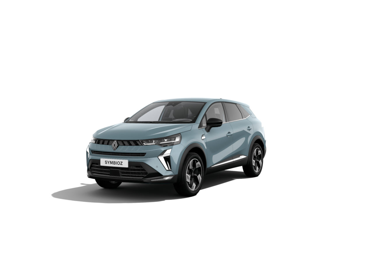 Renault Symbioz SUV in hellblau mit modernem Design vor weißem Hintergrund.