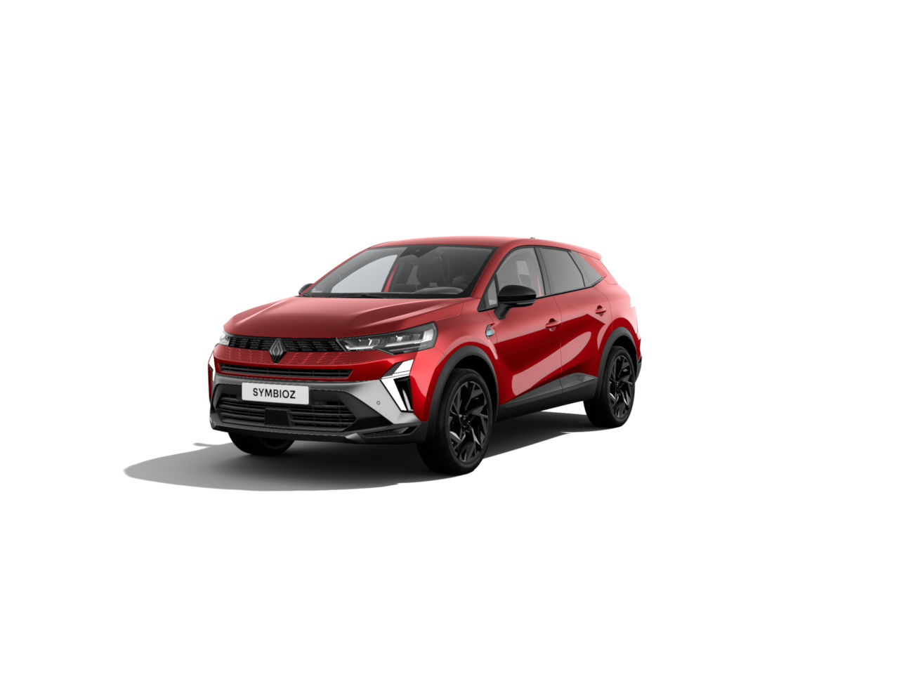 Ein roter Renault SUV mit moderner Gestaltung, ausgestattet mit schwarzen Felgen. Modellname: SYMBIOZ.