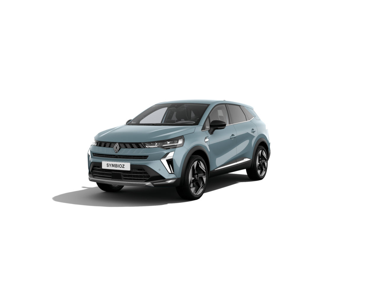 Renault Symbioz SUV in hellblau mit sportlichem Design auf weißem Hintergrund.