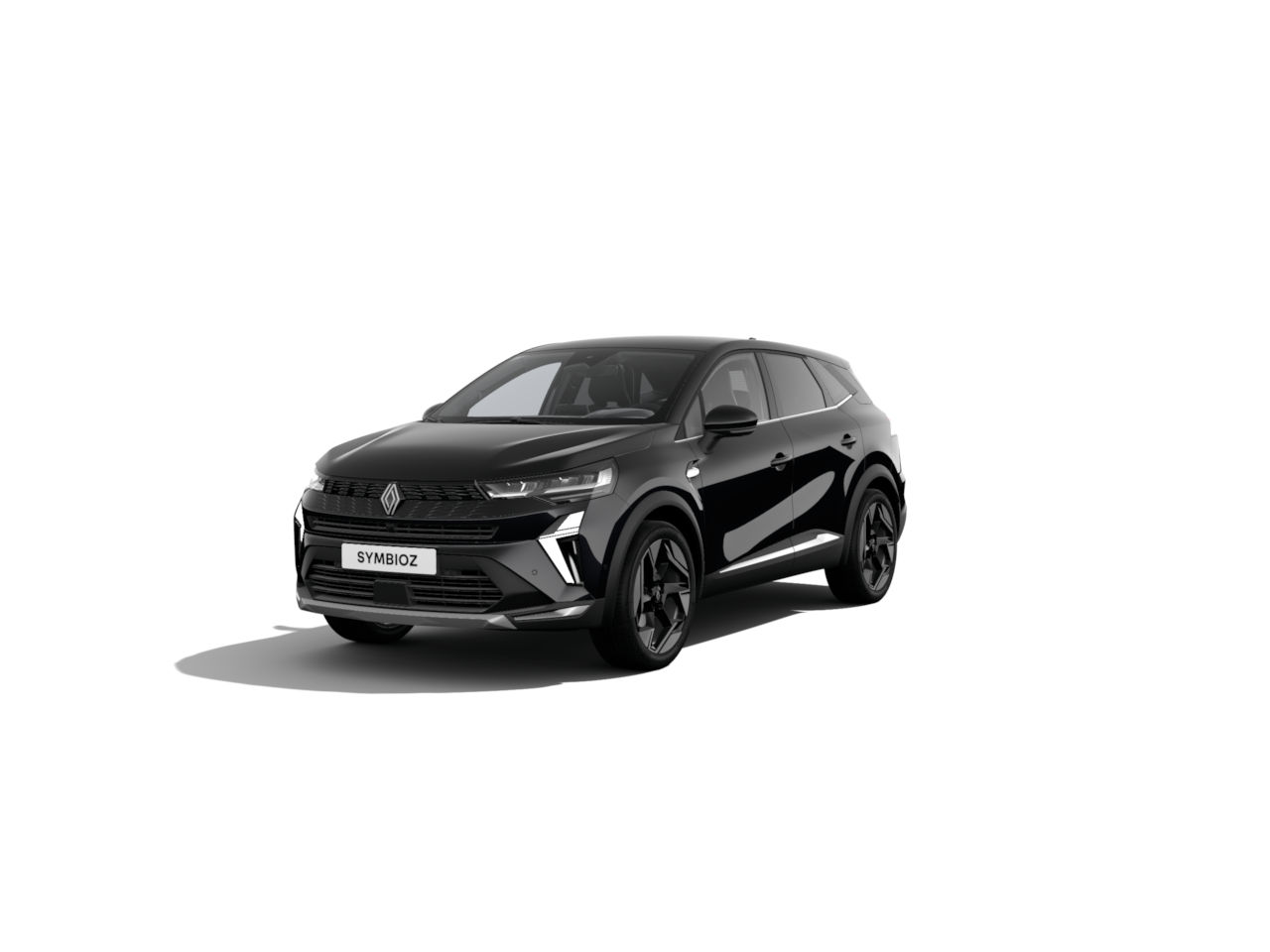 Schwarzer SUV von Renault mit dem Modellnamen SYMBIOZ auf weißem Hintergrund.