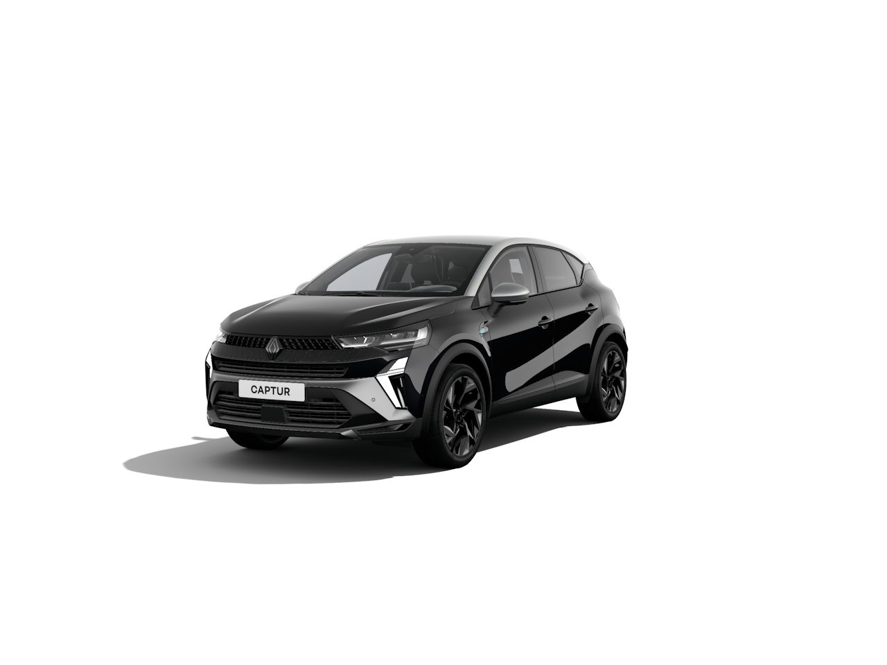 Schwarzer Renault Captur SUV in einem minimalistischen, weißen Hintergrund, vorn rechts dargestellt.