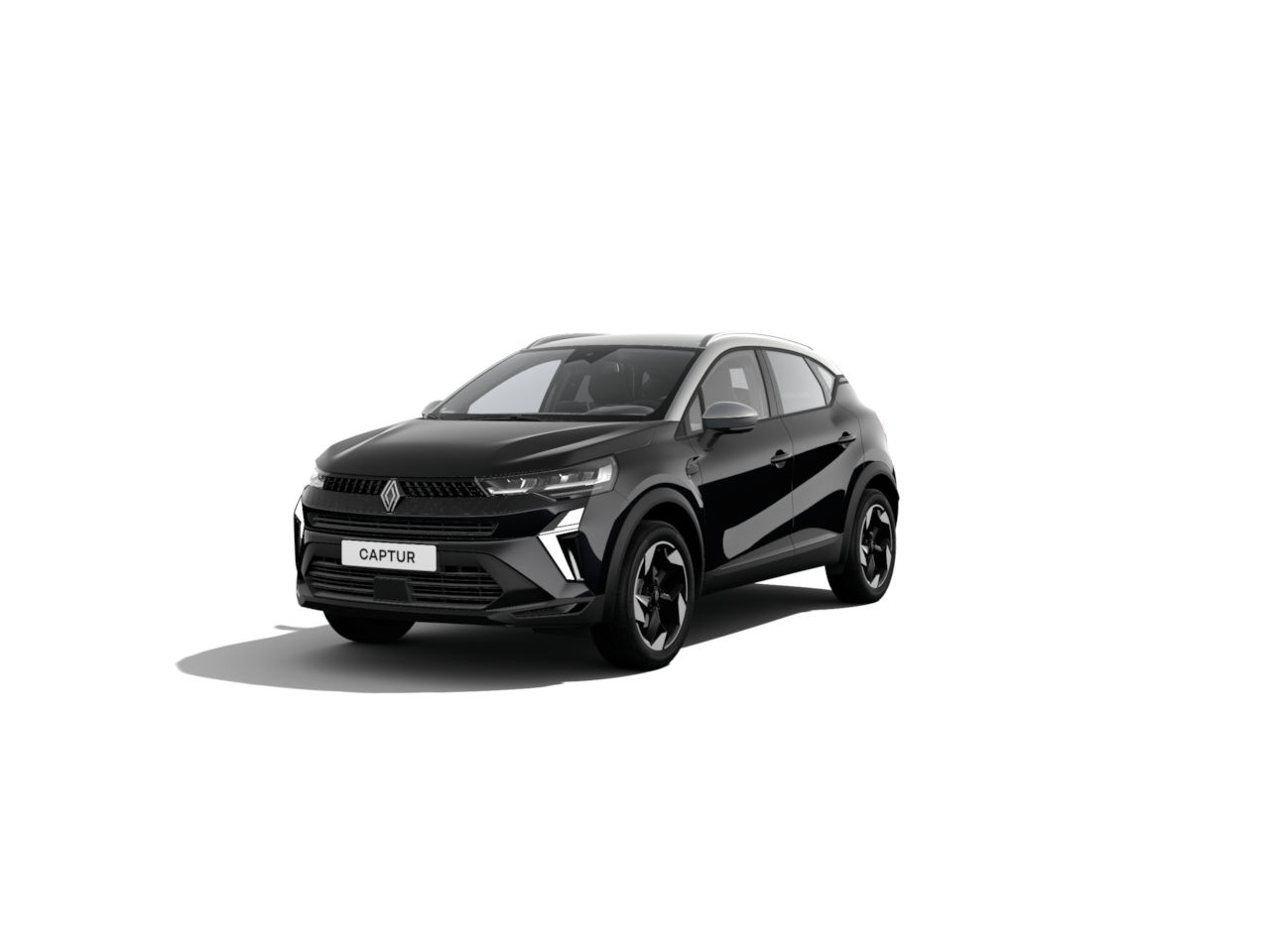 Renault Captur, schwarzer SUV, frontal betrachtet, vor weißem Hintergrund.