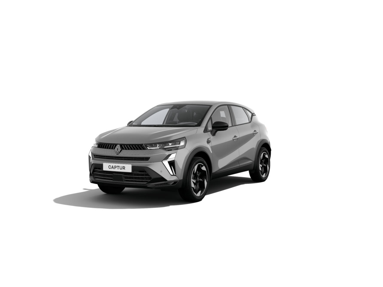 Ein grauer Renault Captur SUV mit sportlichem Design und markanten Linien, frontal abgebildet.