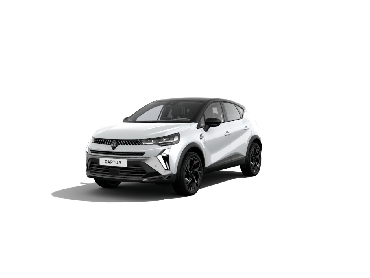 Ein weißer Renault Captur SUV mit modernen Designelementen, vor weißem Hintergrund präsentiert.