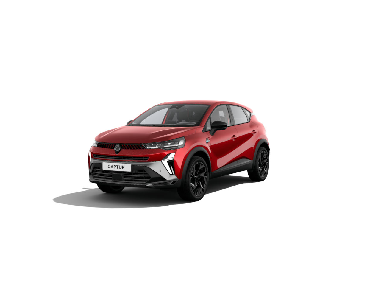 Roter Renault Captur, ein moderner kompakter SUV, frontal betrachtet, auf weißem Hintergrund.