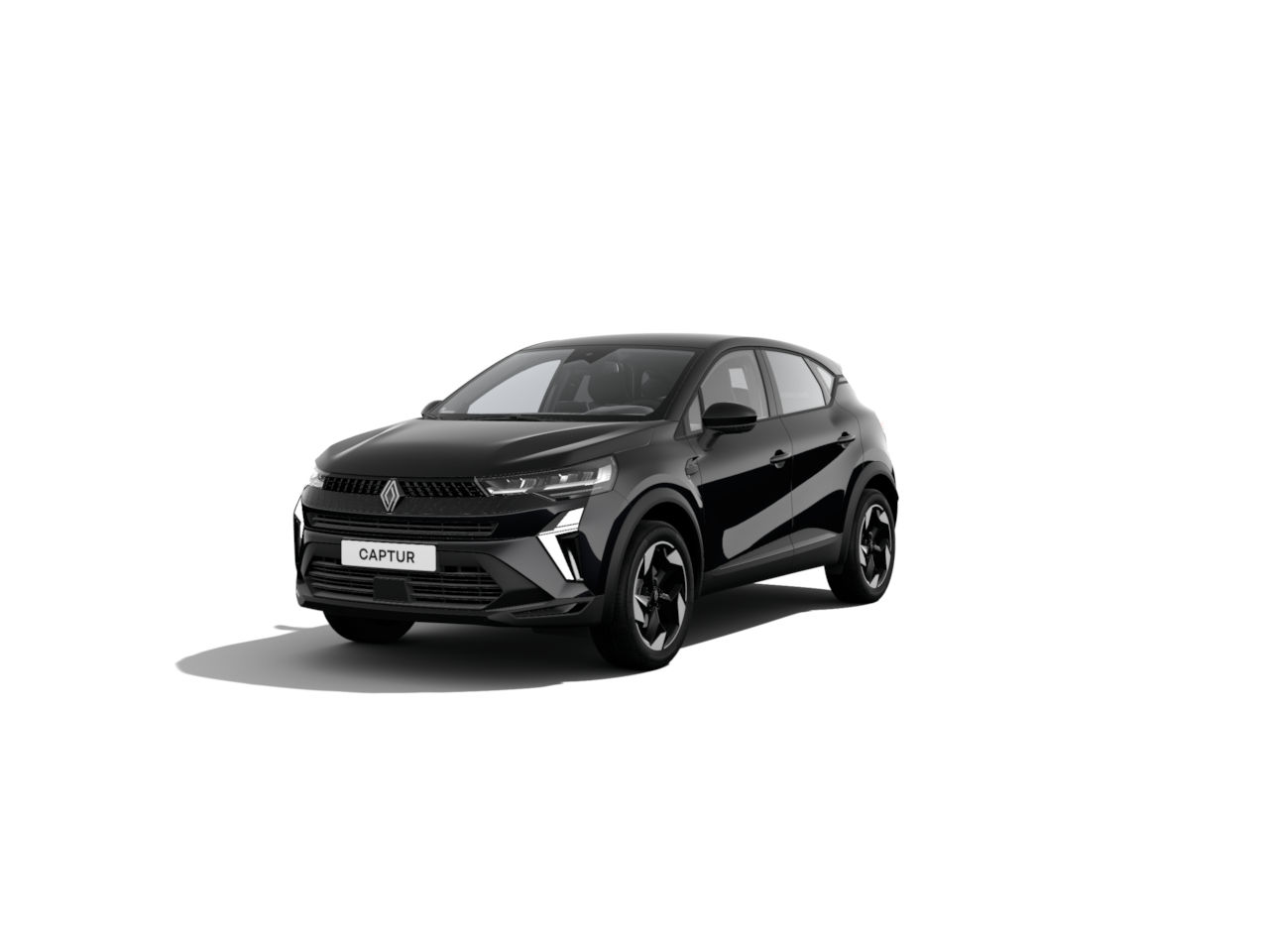 Schwarzer Renault Captur SUV, sportliches Design, frontale Ansicht, isolierter Hintergrund.