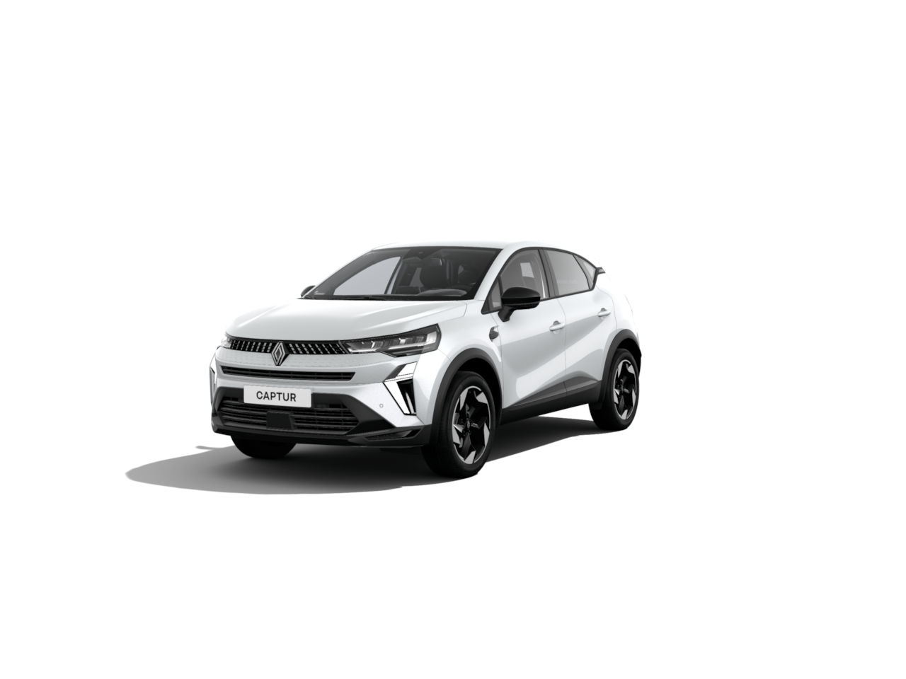 Weißer Renault Captur SUV mit modernem Design, frontalansicht auf einem weißen Hintergrund.