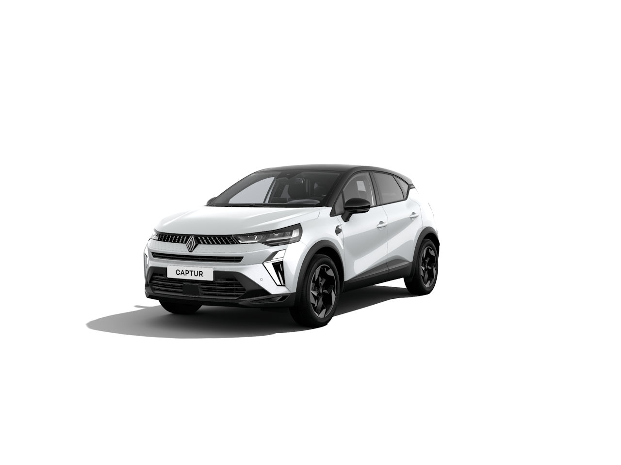 Renault Captur in Weiß und Schwarz, SUV-Design, moderne Frontansicht, elegantes Aussehen, auf weißem Hintergrund.