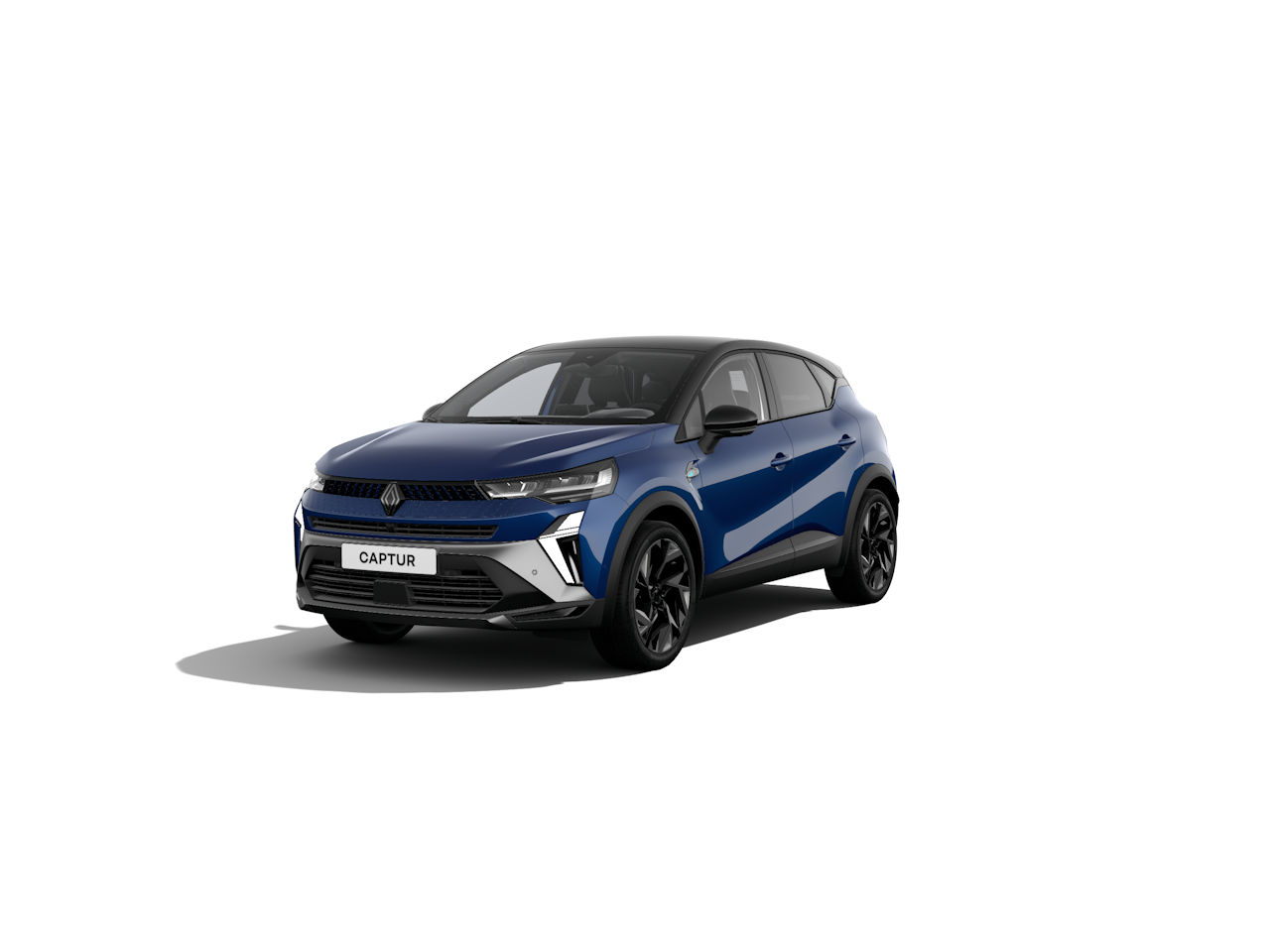 Renault Captur in Blau, modernes Design, SUV-Format, mit schwarzen Akzenten, steht auf weißem Hintergrund.