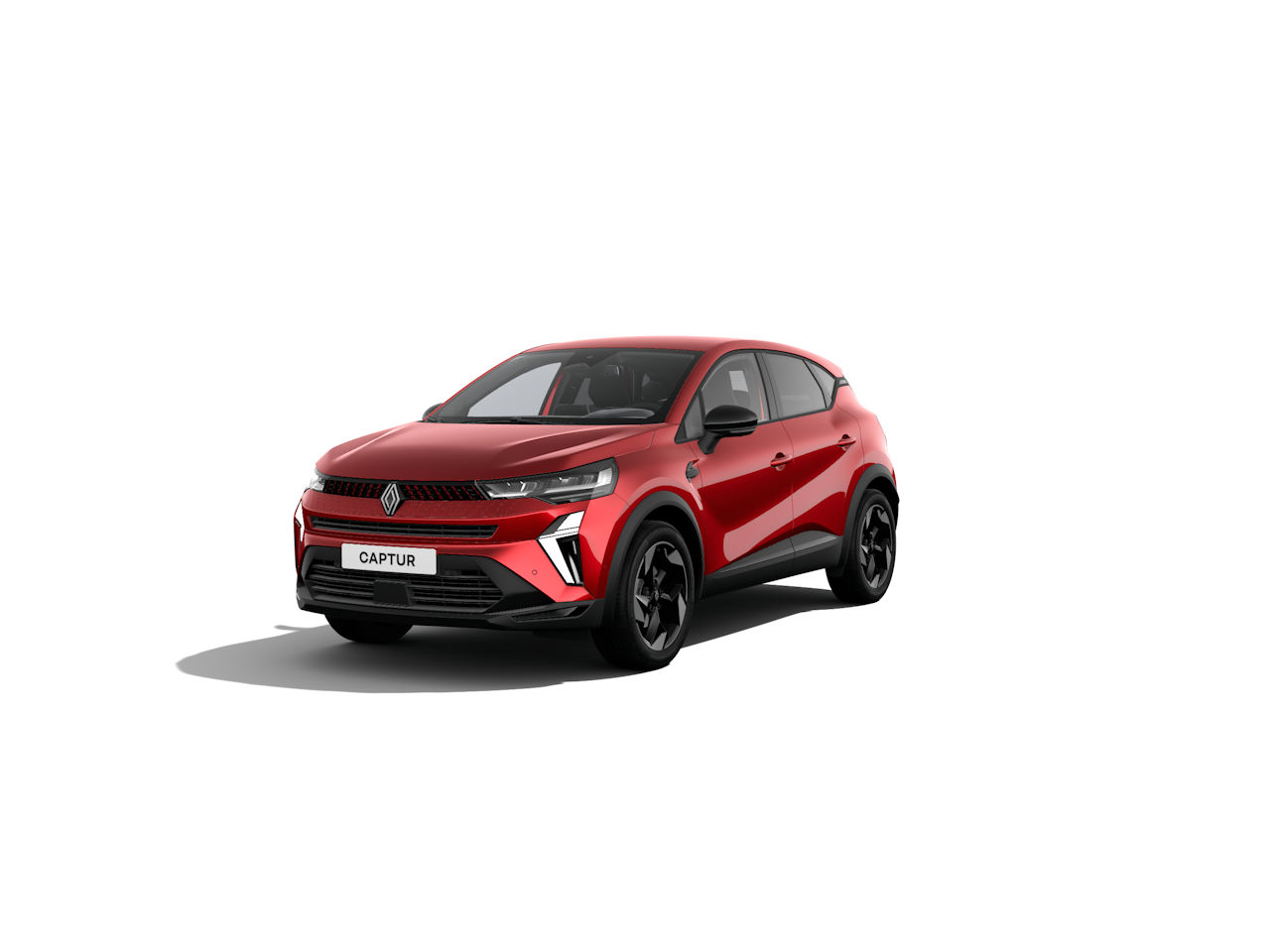 Renault Captur in Rot mit sportlichem Design, präsentiert auf weißem Hintergrund.