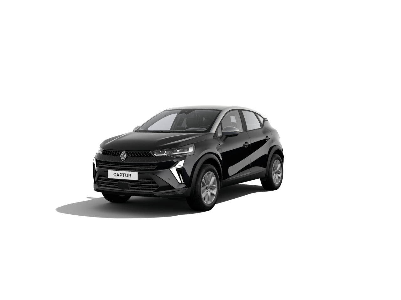 Schwarzer Renault Captur, ein eleganter SUV, steht auf einem weißen Hintergrund.