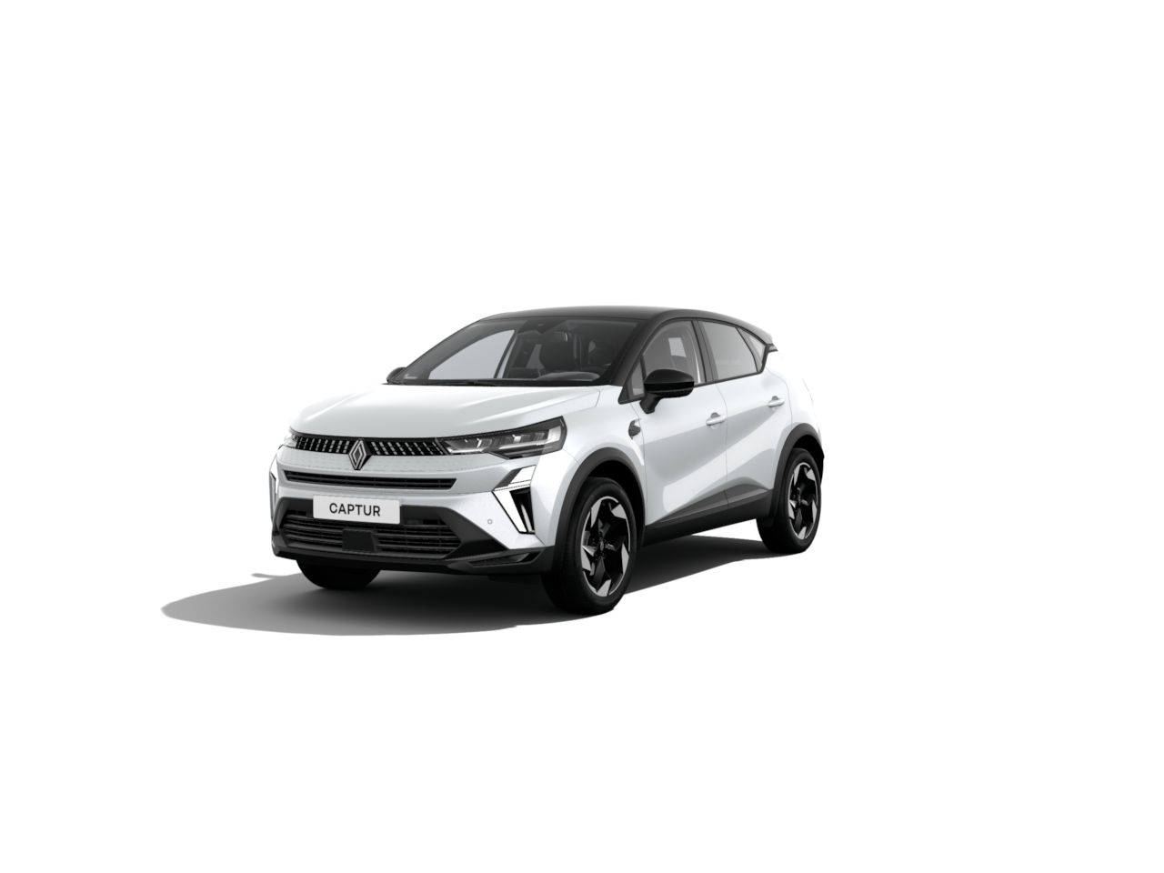 Ein modernes Renault Captur SUV in Weiß mit schwarzem Dach und sportlichem Design auf weißem Hintergrund.