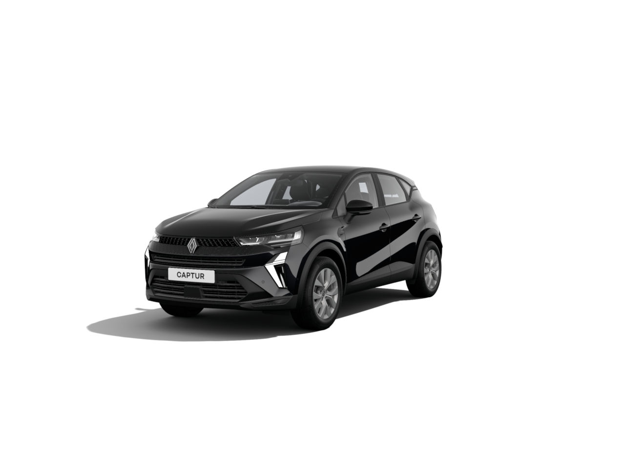 Schwarzer Renault Captur, kompakter SUV, frontalansicht, auf weißem Hintergrund.