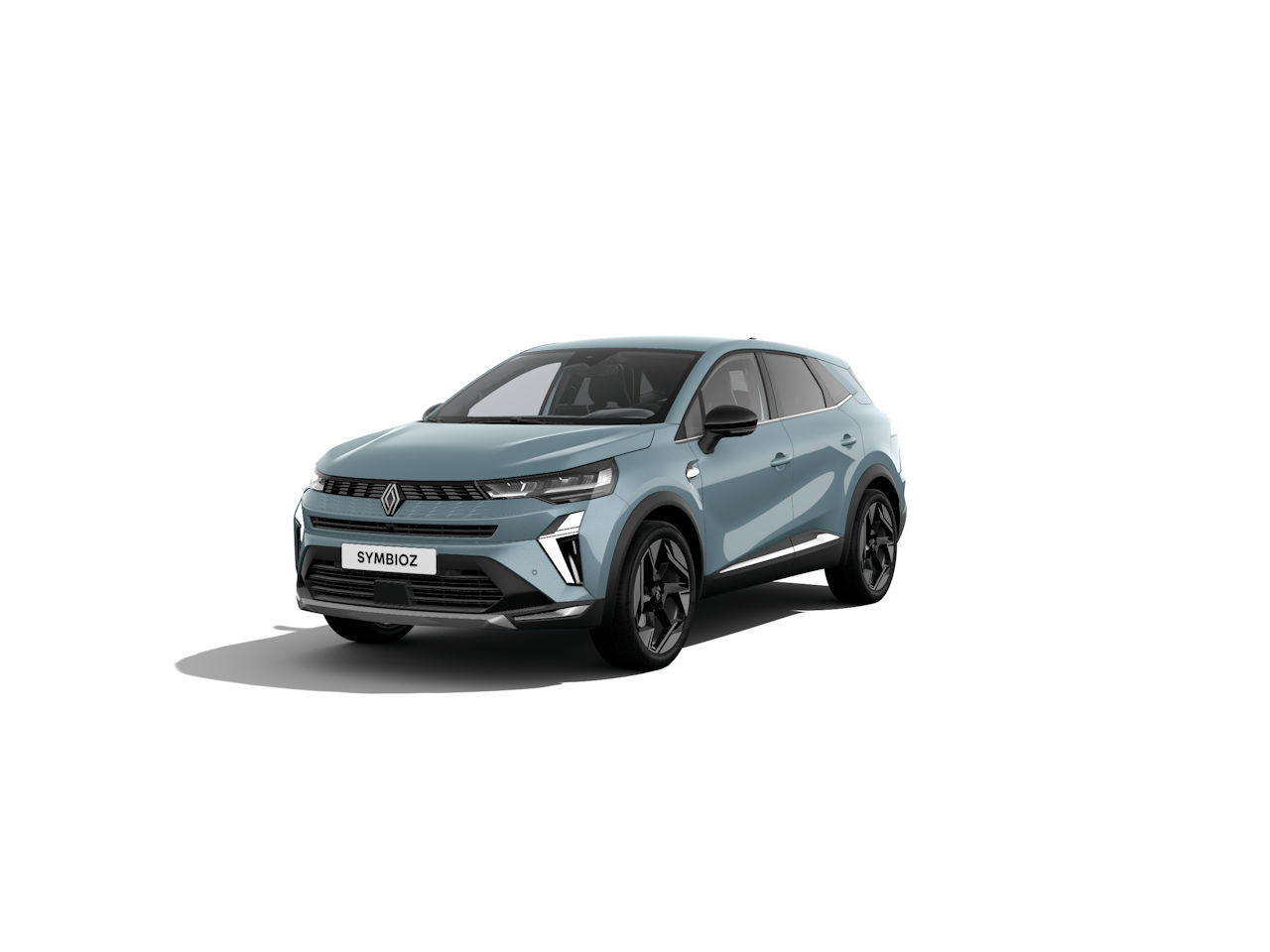 Renault Symbioz SUV in pastellblau, mit sportlichem Design und schwarzen Felgen, vor weißem Hintergrund.