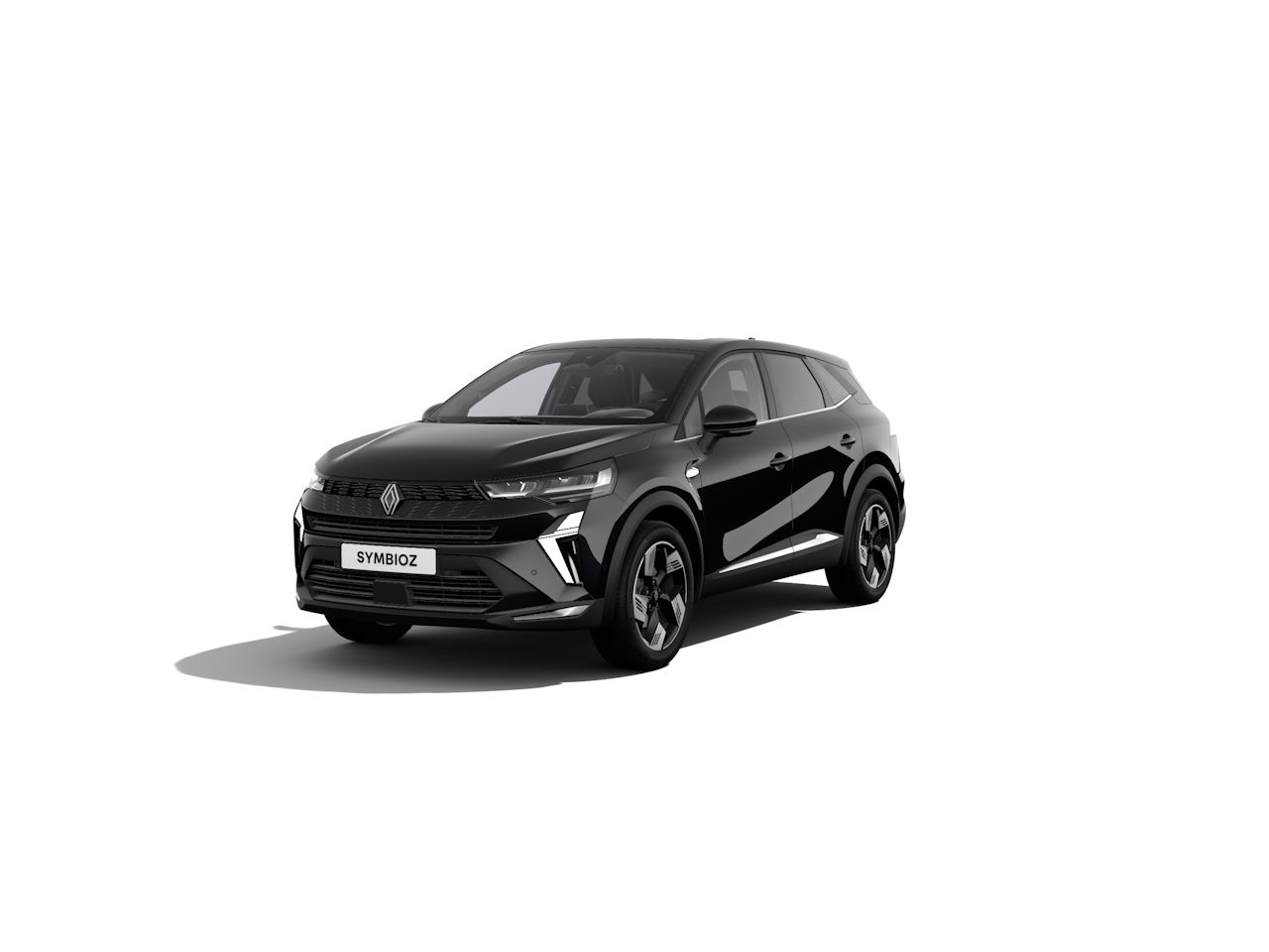 Schwarzer SUV von Renault, Modell SYMBIOZ, auf weißem Hintergrund, zeigt modernes Design und sportliche Linien.