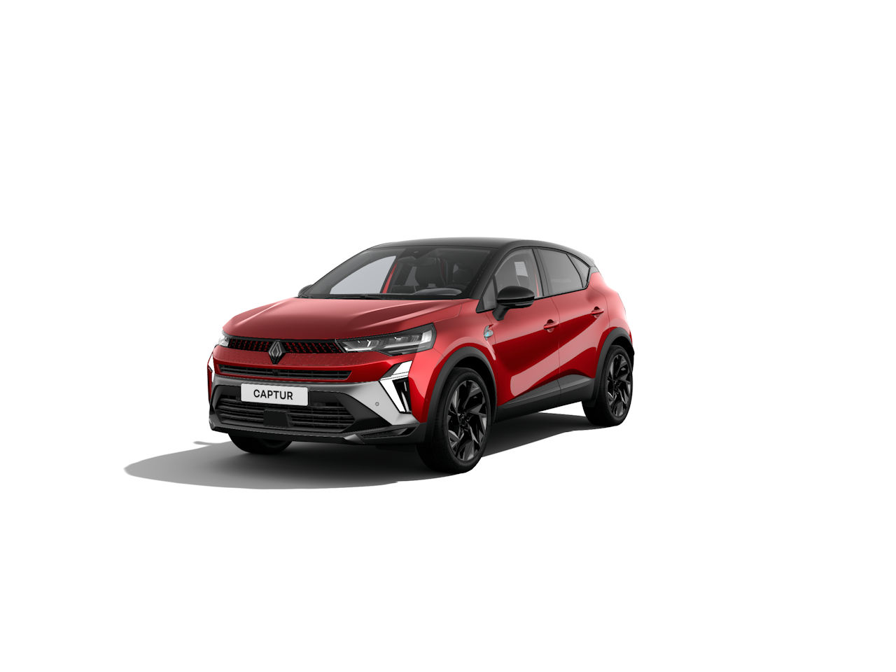 Renault Captur in Rot mit schwarzem Dach, präsentiert von vorne auf weißem Hintergrund.