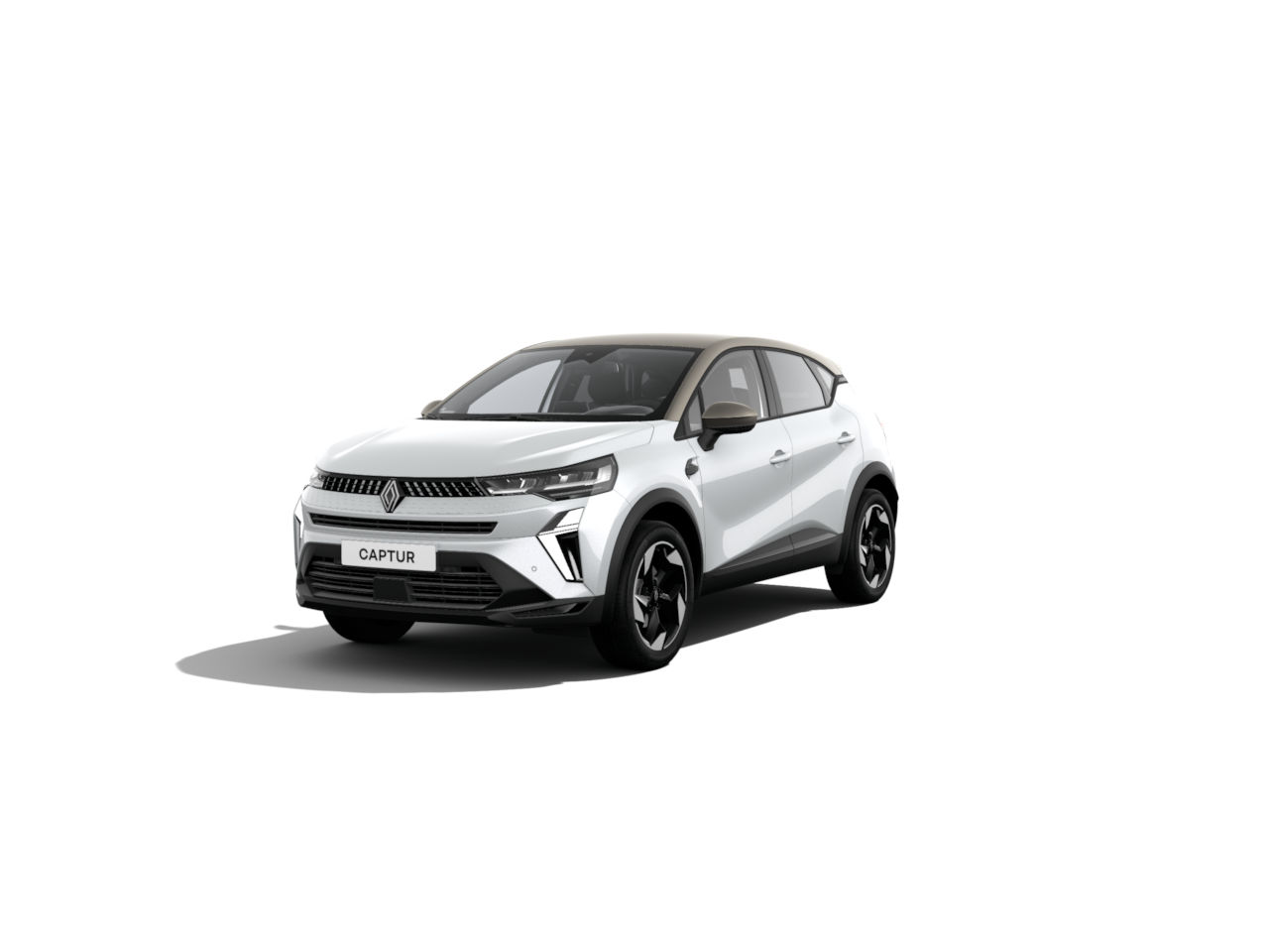 Weißer Renault Captur SUV, modernes Design, vordere Ansicht, auf weißem Hintergrund.