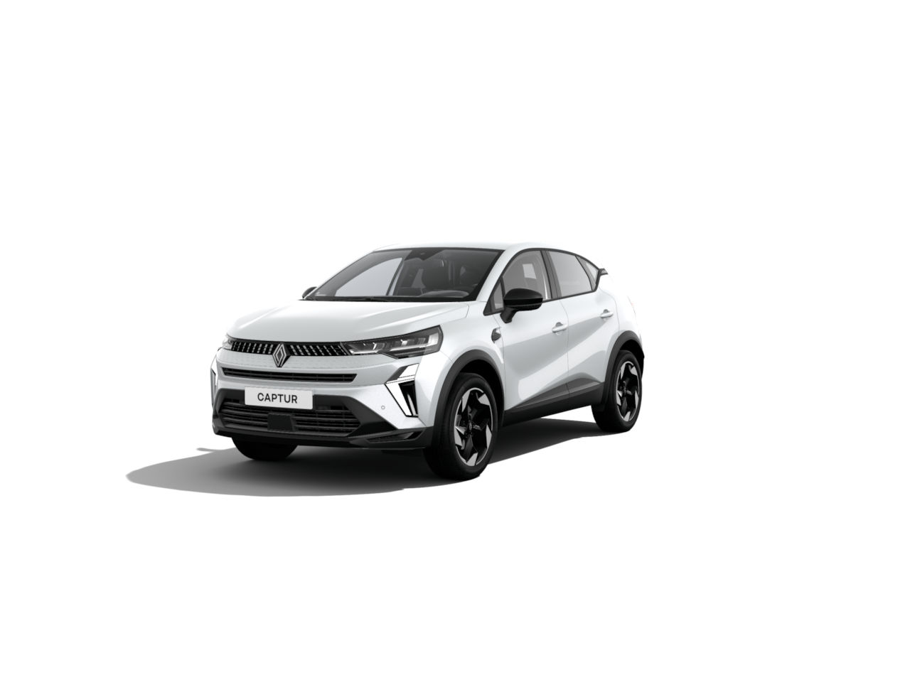 Weißer Renault Captur SUV, frontal dargestellt, modern design, sportliche Reifen, abgebildet auf weißem Hintergrund.
