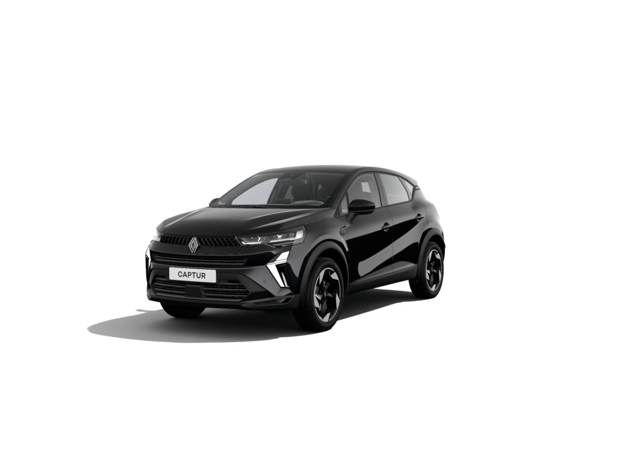 Schwarzer Renault Captur SUV vor weißem Hintergrund, modernes Design und sportliche Ausstrahlung.