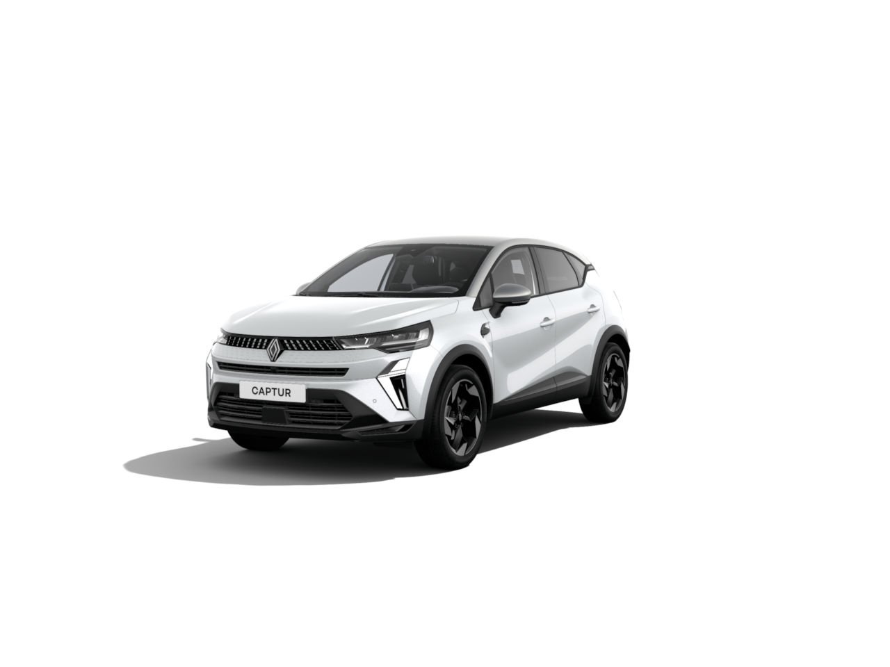 Weißer Renault Captur SUV auf weißem Hintergrund, modern und stylish gestaltet.