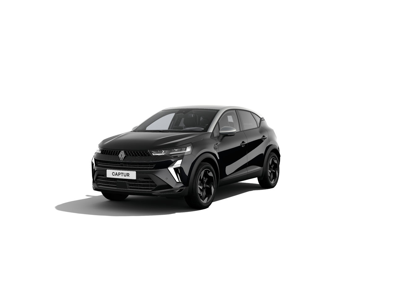 Schwarzer Renault Captur SUV mit modernem Design und sportlichem Look auf weißem Hintergrund.