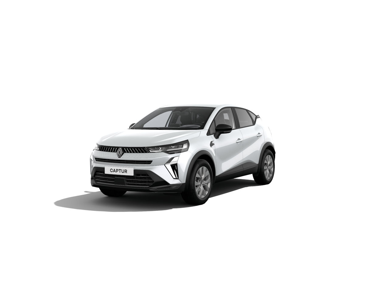 Ein weißer Renault Captur SUV, frontal dargestellt, auf weißem Hintergrund.