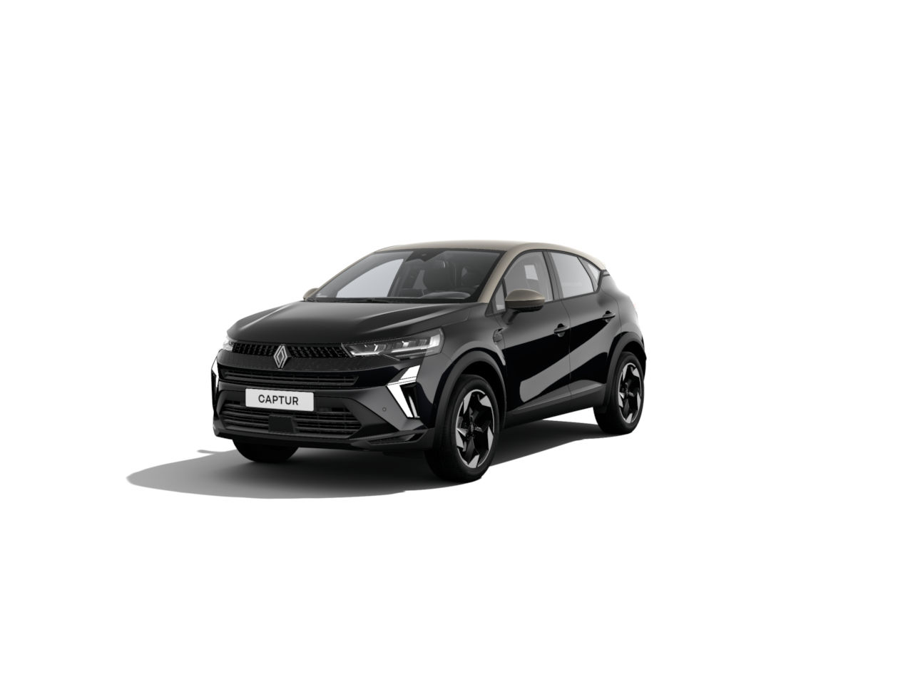 Schwarzer Renault Captur SUV, frontalansicht auf weißem Hintergrund, modernes Design und stilvolle Details.