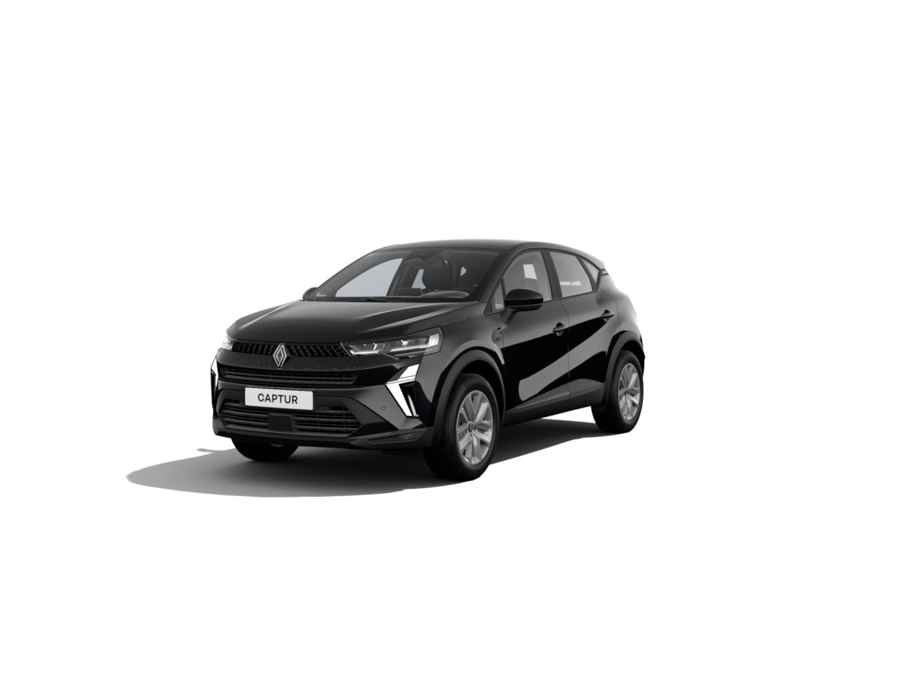 Schwarzer Renault Captur SUV in Frontansicht, vor weißem Hintergrund, modernes Design.